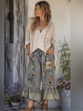 NWT BLue Beige Patchwork Embroidered Wide Leg Crop Jeans Pants Med Wt various Sz